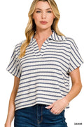 Striped Split Neck Collared Top