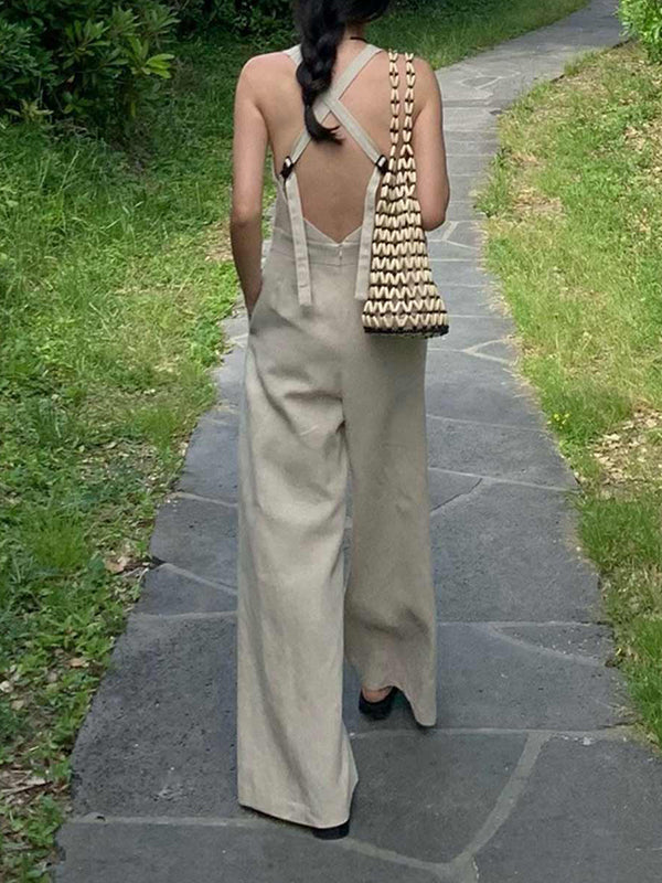 Sleeveless Wide Leg Solid Color Round-Neck Jumpsuits