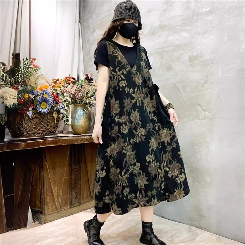 Loose Fit Midi Dress With Floral Print