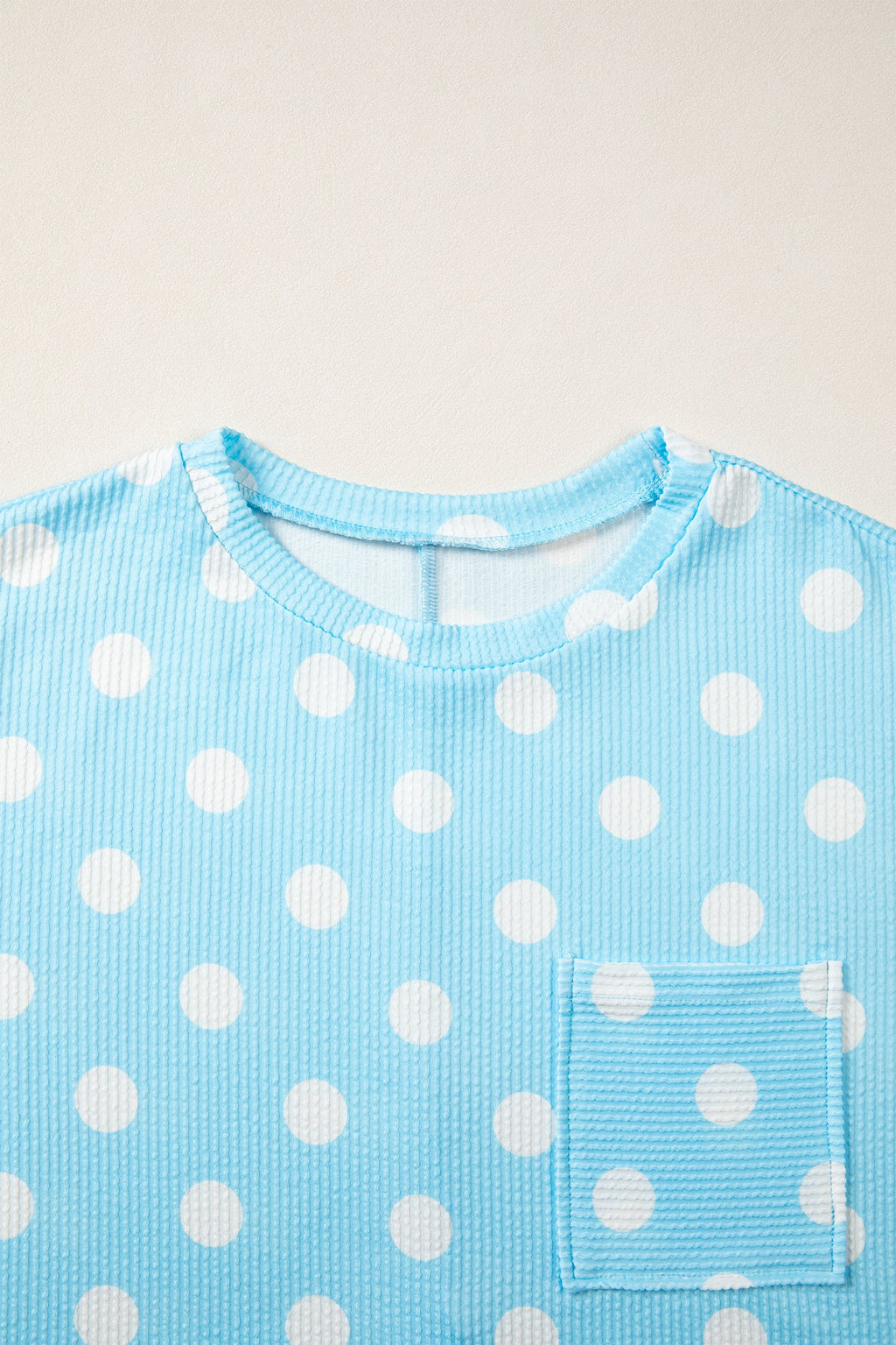 Sky Blue Polka Dot Round Neck Drop Shoulder Patch Pocket Jacquard Texture Top
