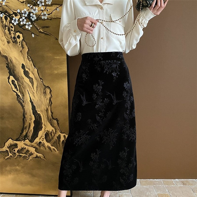 Velvet Half Skirt with Floral and Bird Embroidery