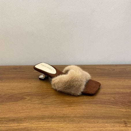 French-Style Chic Fluffy Slippers for Women | Square Toe Slip-On House Shoes | Purple, White & Apricot