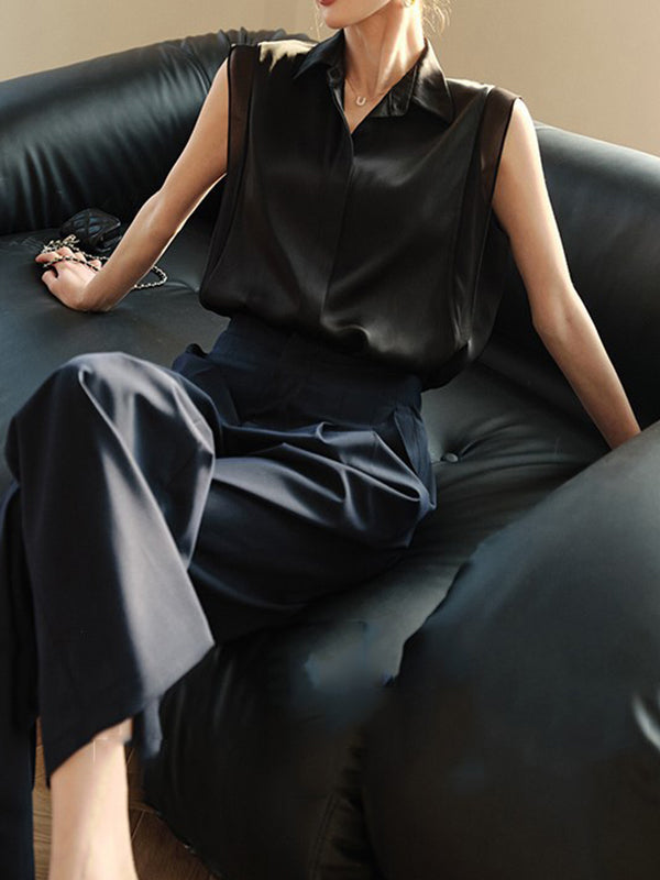 Loose Sleeveless Buttoned Solid Color Split-Joint Lapel Blouses&Shirts Tops