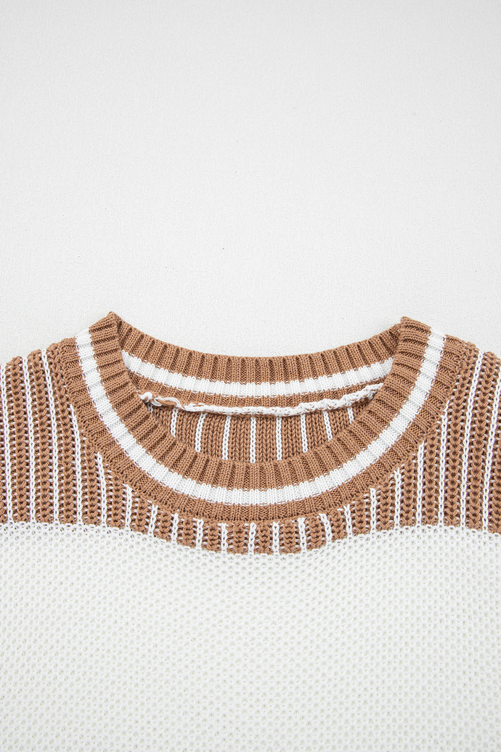 Khaki Two Tone Striped Patchwork Drop Shoulder Loose Sweater