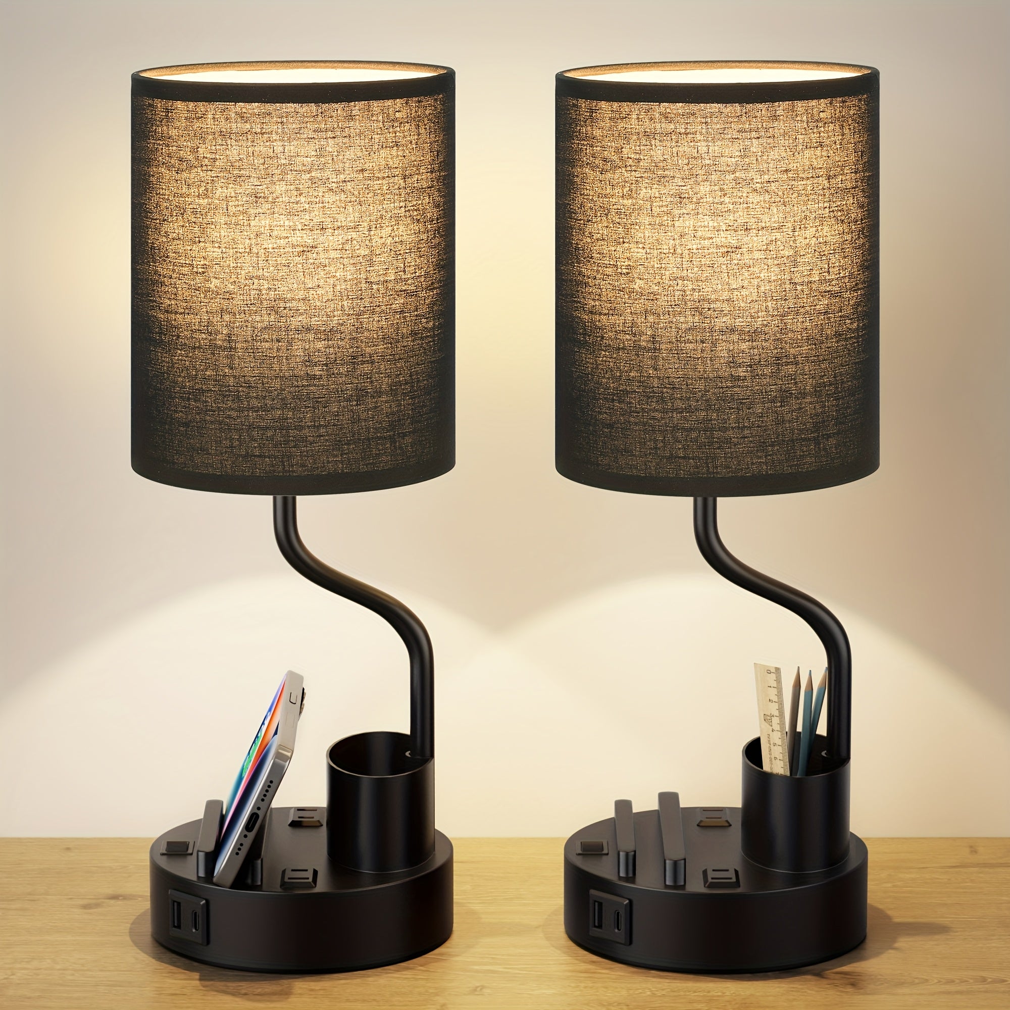 Set of 2 Bedside Lamps – USB-C+USB-A & Outlet, 3-Color Modern Nightstand Lights