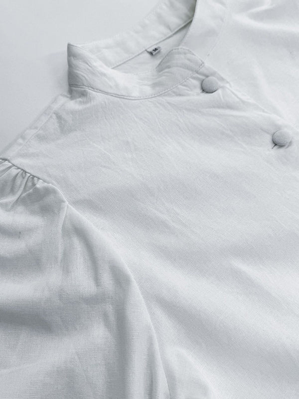 Half Sleeves Loose Buttoned Pleated Solid Color Split-Joint Stand Collar Blouses Top +  Skirts Bottom Two Pieces Set