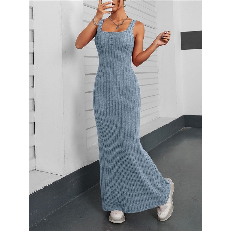 Solid Color Sleeveless Square Neck Slim Knitted Maxi Dress