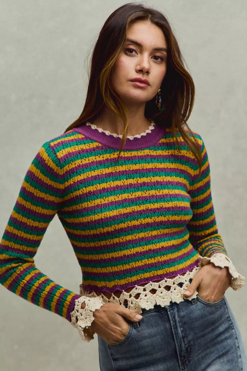 Mardi Gras Striped Cropped Knit Top with Crochet Edge