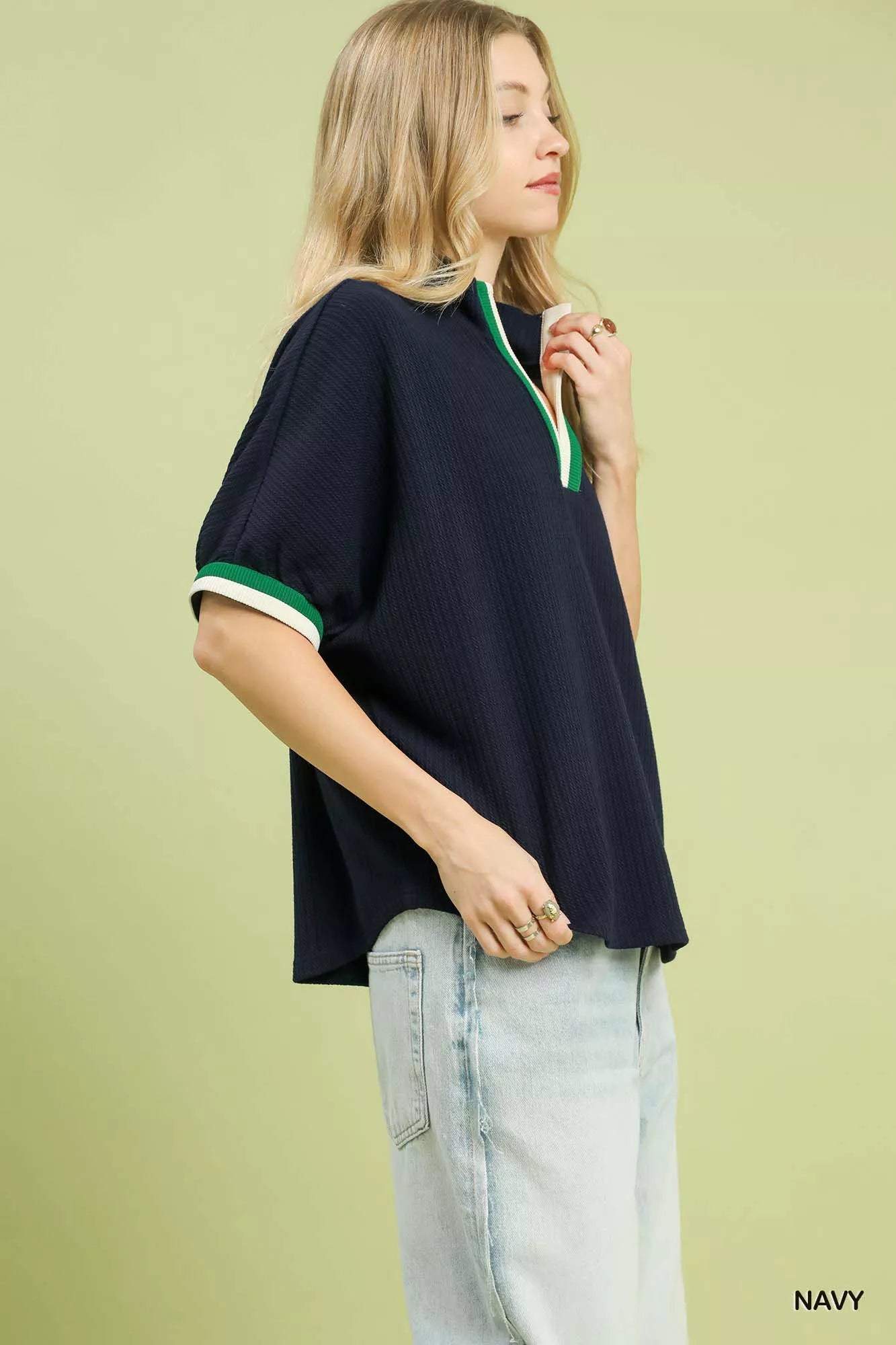 Textured Knit Top with Striped Contrast Trim