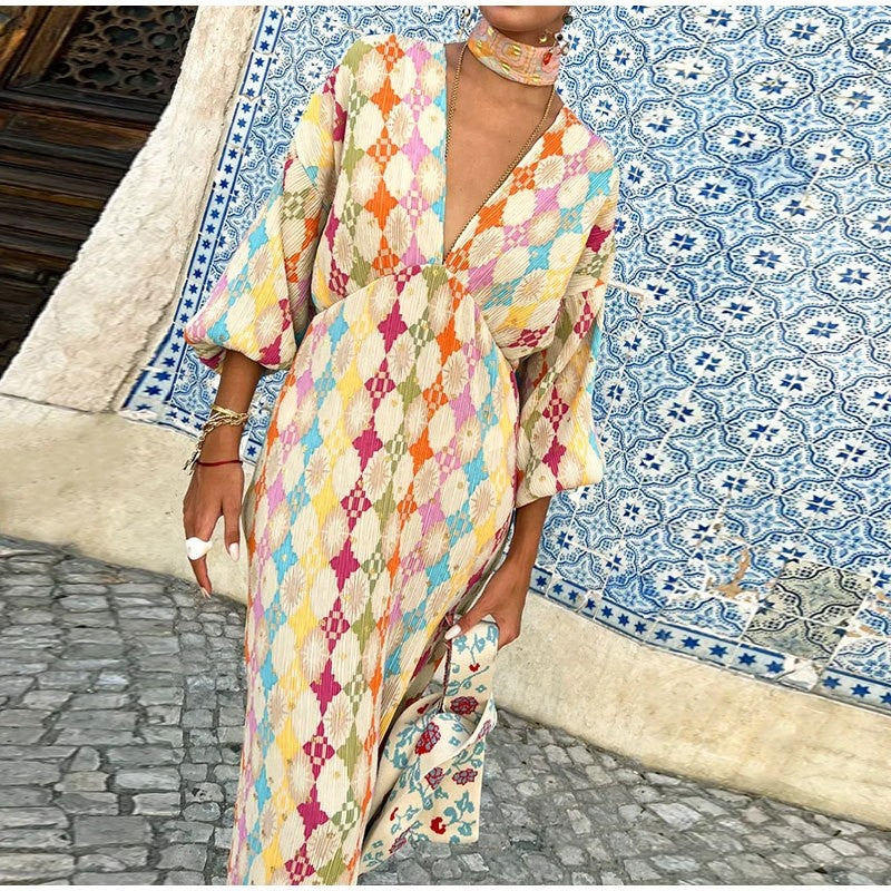 Retro Maxi Dress with Deep V-Neck and Long Sleeves