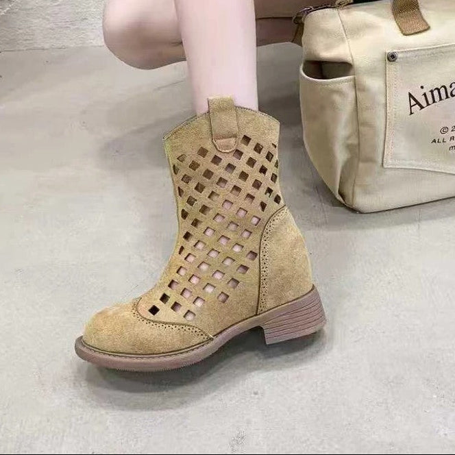 Hollowed-Out Mesh Mid-Calf Boots