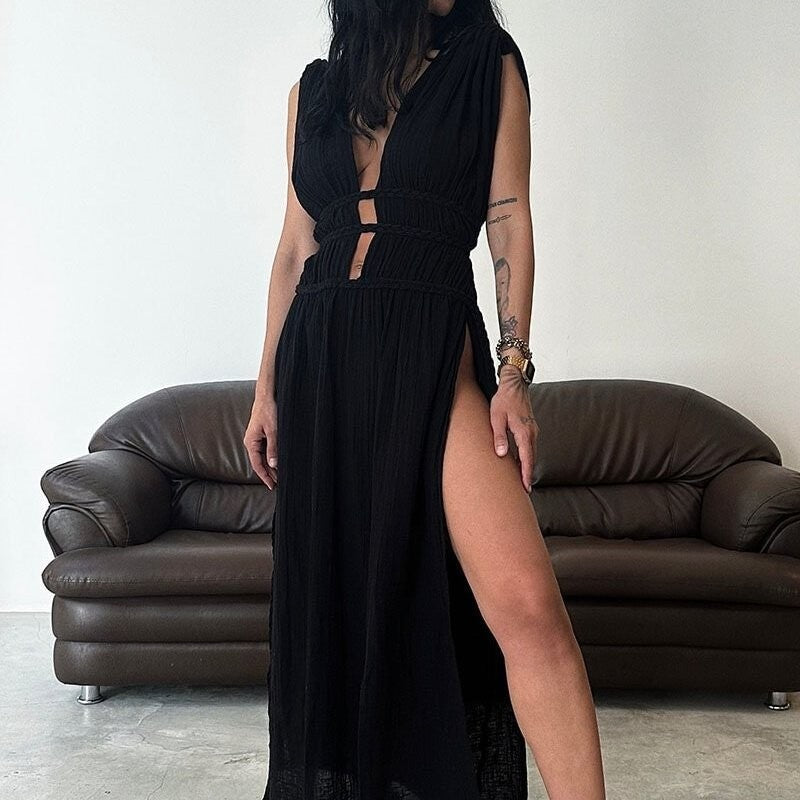 Sleeveless Hollow Out Braided Belt Maxi Dress with Slit