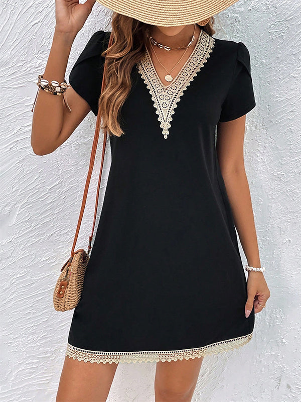 A-Line High Waisted Split-Joint V-Neck Mini Dresses