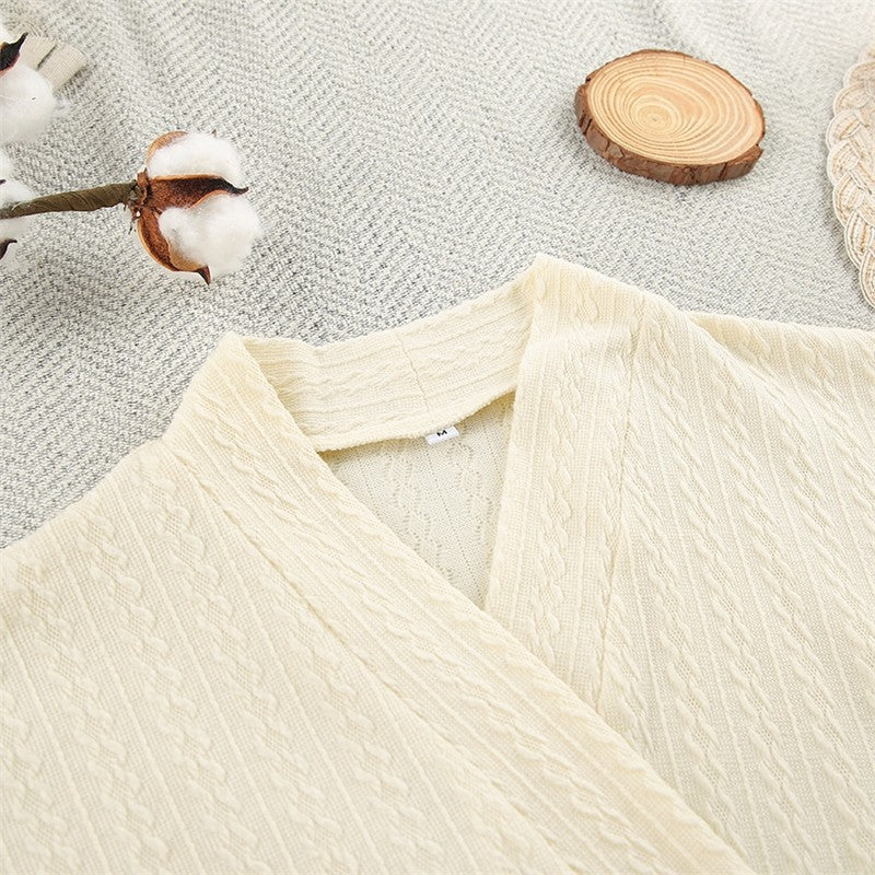 Casual Loose Knitted Solid Color Bralette and Long Sleeve Sweater with Waist Tie, Outerwear, and Pants Three-P