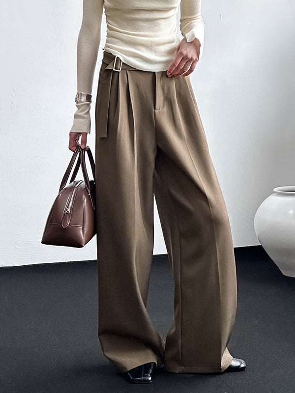 High Waisted Loose Belt Buckle Solid Color Suit Pants Trousers