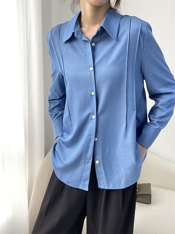 Long Sleeves Loose Pleated Split-Joint Lapel Blouses&Shirts Tops