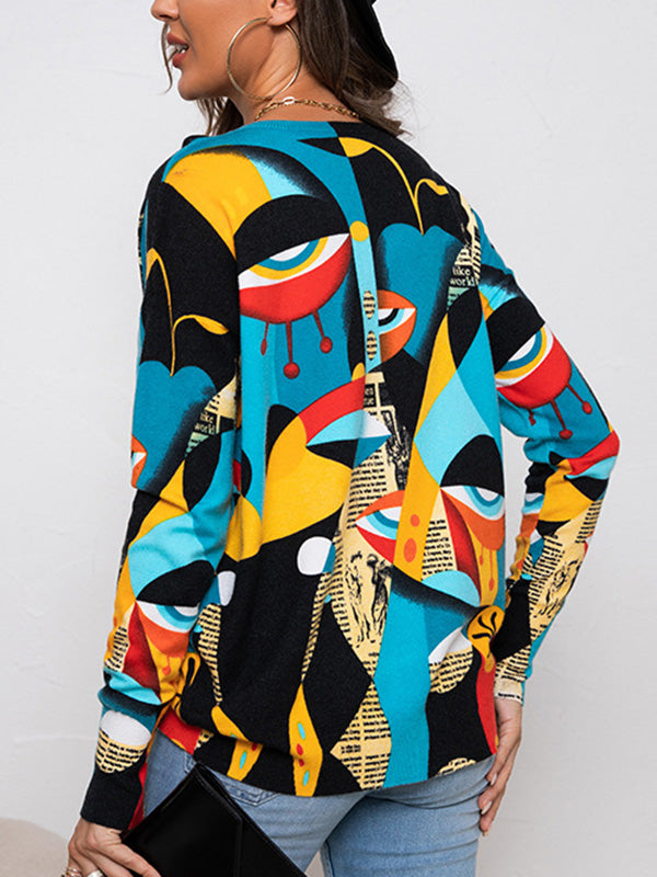 Long Sleeves Figure Printed Round-Neck Knitwear Pullovers Sweater Tops