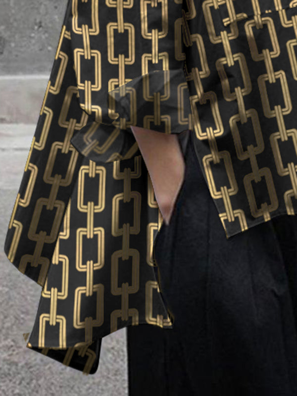 High-Low Long Sleeves Printed Split-Joint Blouses