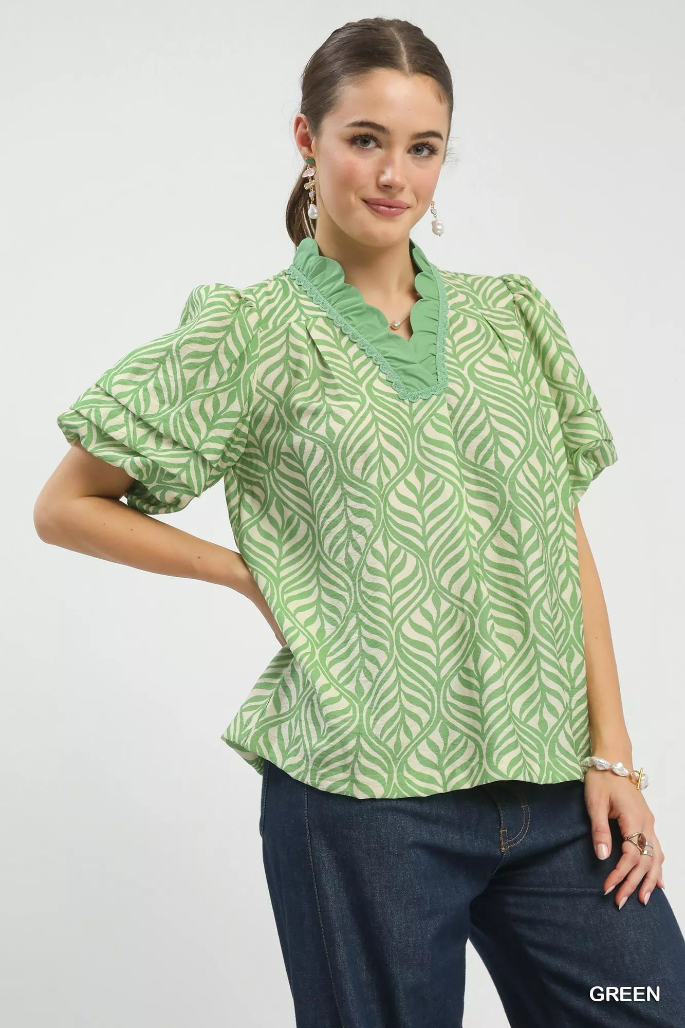 Printed Puff Sleeve Ruffle Neck Top