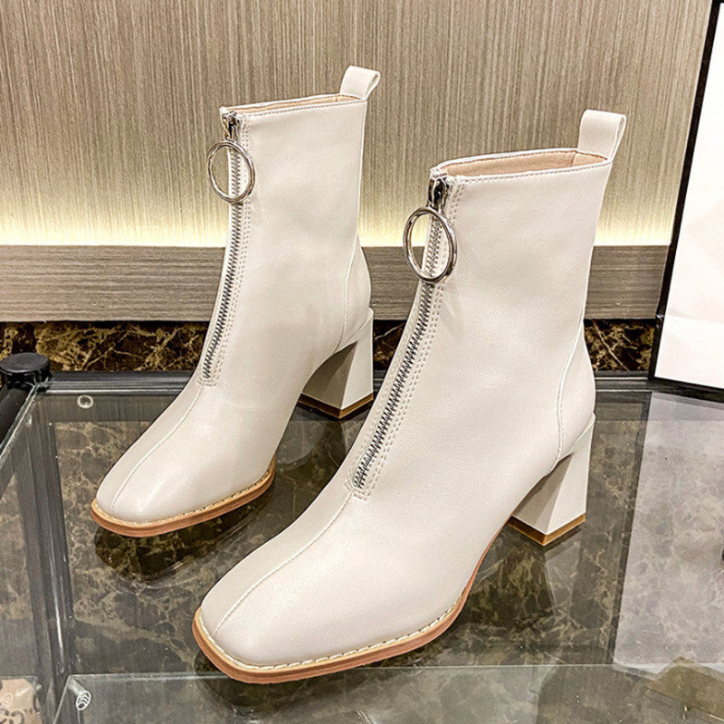 Women's Square-Toe Leather Chunky-Heel Mid-Calf Boots – British Korean Style