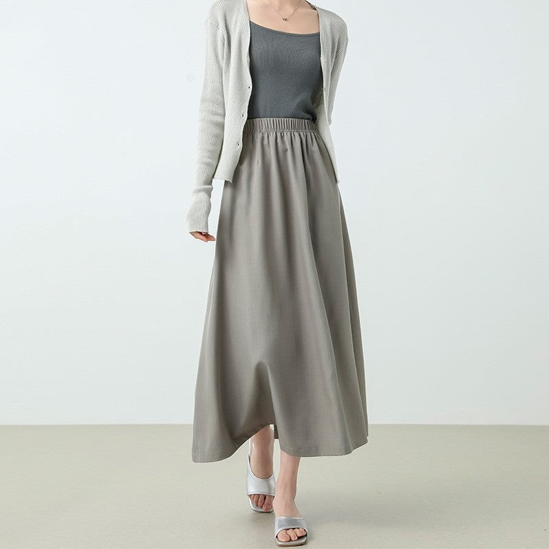 Solid Color Elastic Waist A-Line Skirt with Flared Hem