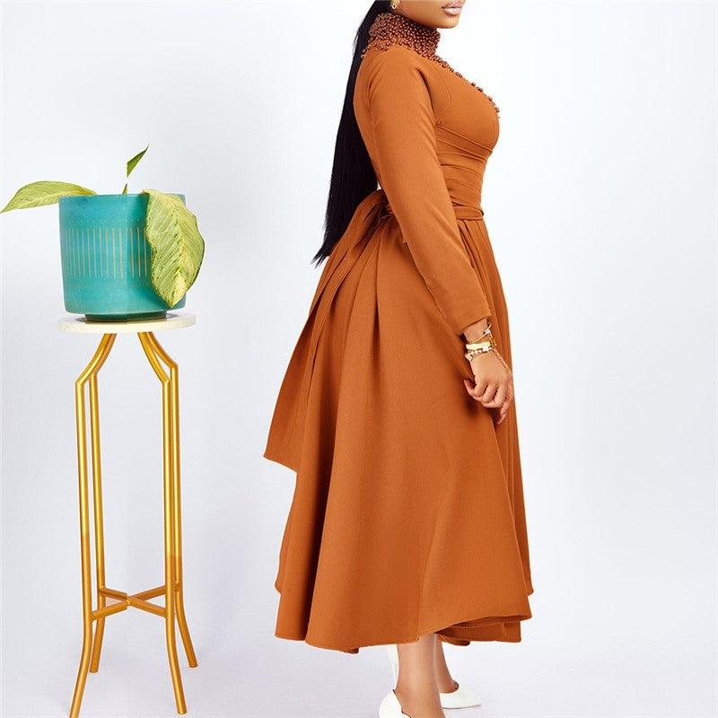 Chic High Neck Beaded Waist Ball Gown Dress for a Flattering Silhouette