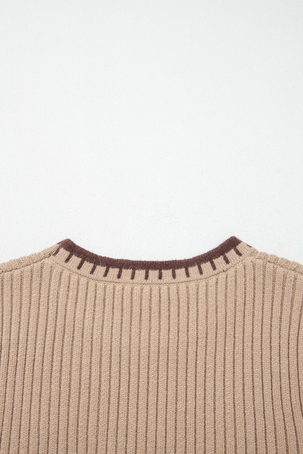 Light French Beige Ribbed Knit Contrast Trim Round Neck Horseshoe Sweater Vest
