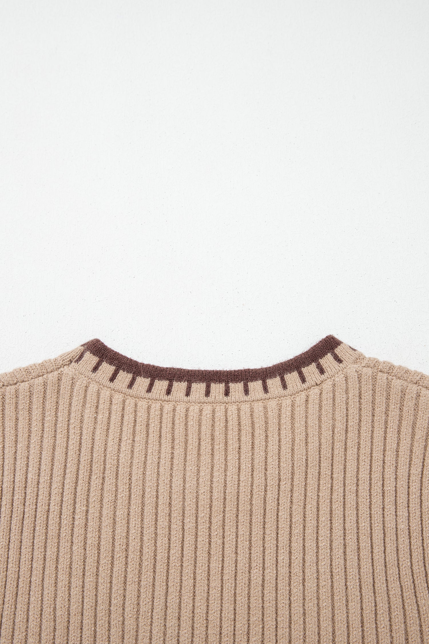 Light French Beige Ribbed Knit Contrast Trim Round Neck Horseshoe Sweater Vest