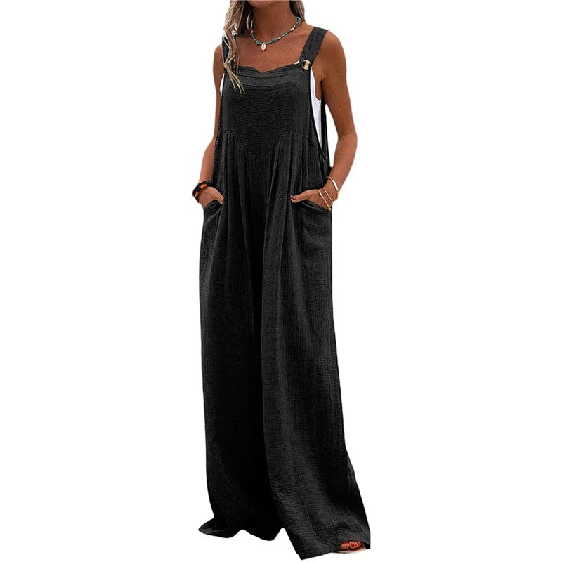 Solid Color Sleeveless Casual Loose Wide Leg Jumpsuits