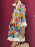 Long Sleeves Loose Printed Split-Joint Lapel Mini Dresses Shirt Dress