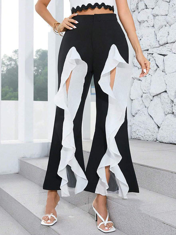 High Waisted Loose Contrast Color Pleated Split-Front Split-Joint Pants Trousers