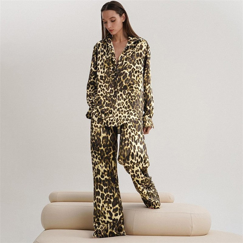 Leopard Print Loose Fit Lapel Long Sleeve Blouse and Ants Two-Piece Lounge Suit