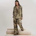 Leopard Print Loose Fit Lapel Long Sleeve Blouse and Ants Two-Piece Lounge Suit
