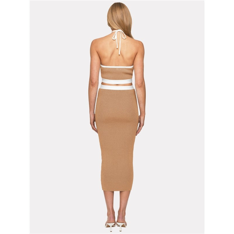 Contrast Color Sleeveless Halterneck Backless Hollow Bodycon Maxi Dress