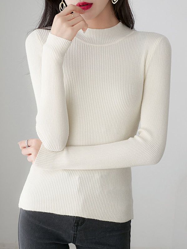 Simple Long Sleeves Skinny Solid Color High-Neck Pullovers
