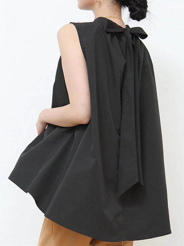 High-low Loose Lace-Up Pleated Solid Color Split-Joint Streamer Stand Collar Vest Top