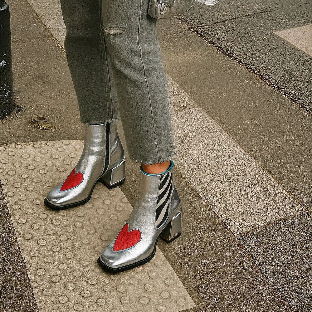Women's Silver Chunky Heel Ankle Boots – Square Toe Side Zipper Heart Detail