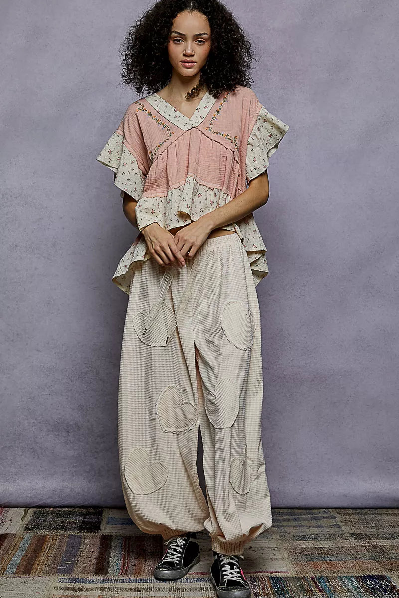 Floral V-Neck Short Sleeve Ruffled Double Gauze Blouse with Embroidery Detail