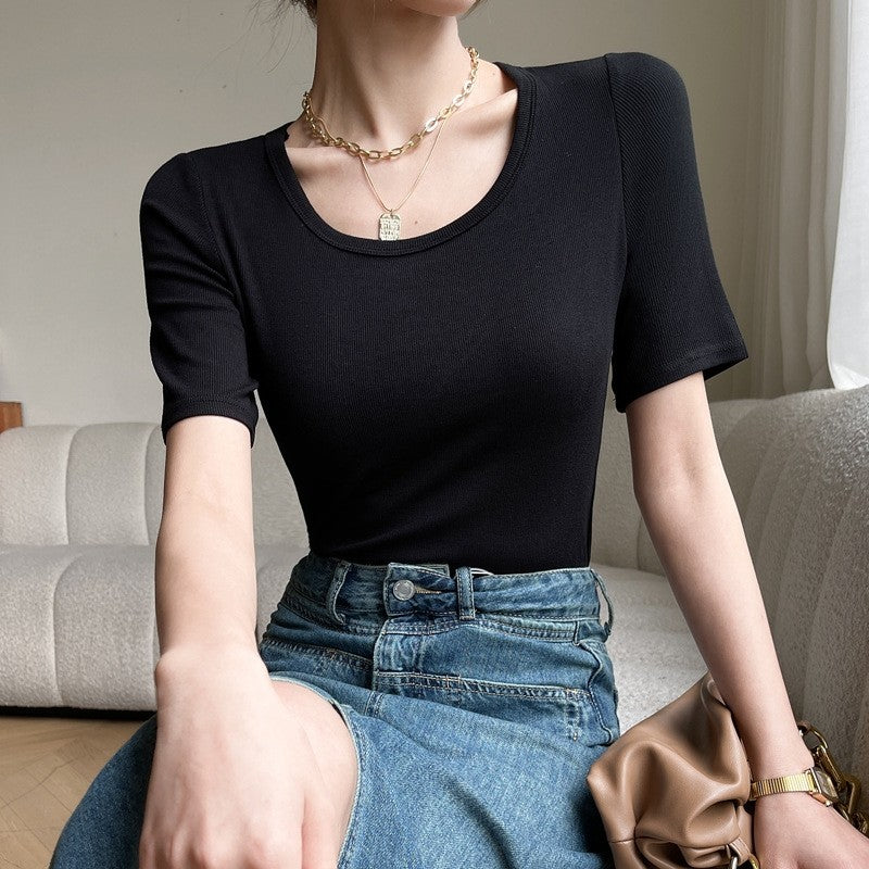 Striped Short-Sleeve T-Shirt with Round Neck in Solid Color