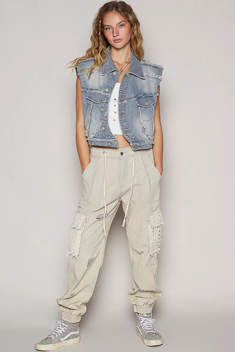 Assymetrical Front Closure Raw Hem Denim Vest