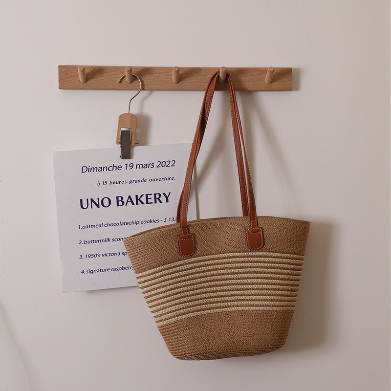 Grass Striped Woven Tote with Ample Storage