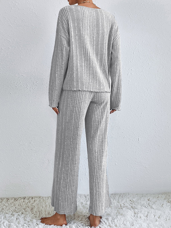 Long Sleeves Loose Solid Color V-Neck Shirt Top + Pants Bottom Pajama Sets