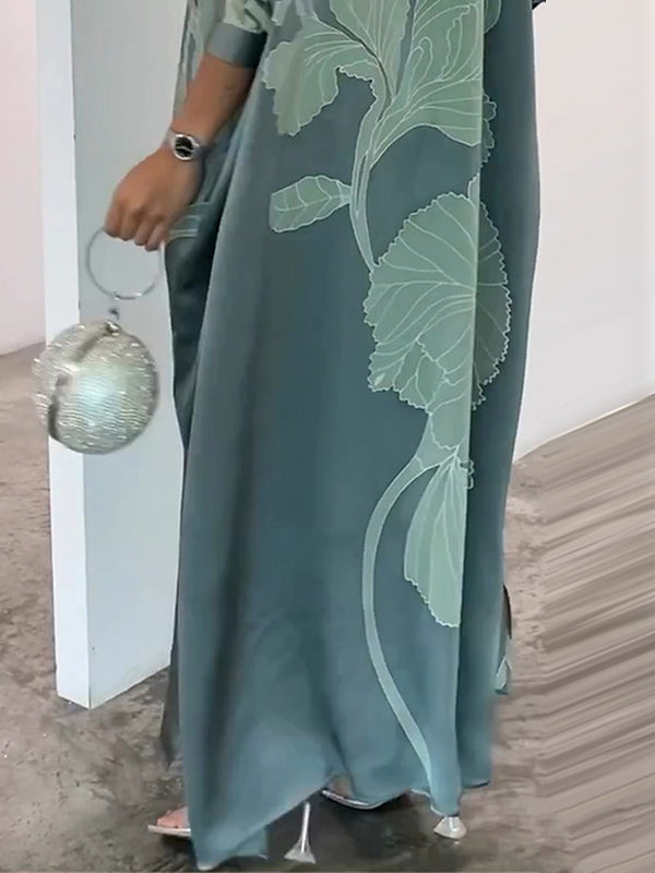 Long Sleeve Buttoned Muslim V-Neck Midi Dress with Contrast Color Flower & Leaves Print