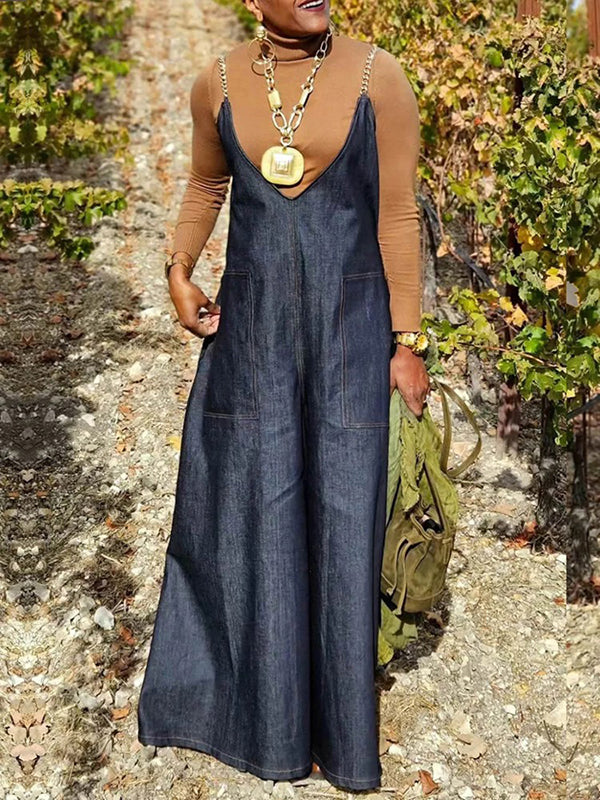 Loose Sleeveless Pockets Split-Joint Spaghetti-Neck Overalls