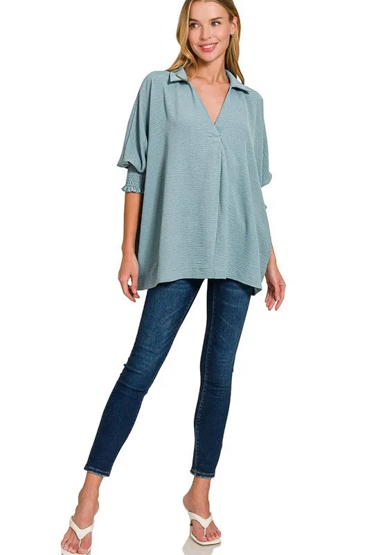 Airflow Collar Tee with Smocked Sleeve Band Top