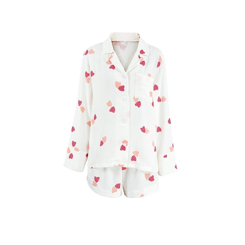 Heart Print Long Sleeve Shorts Pajama Set