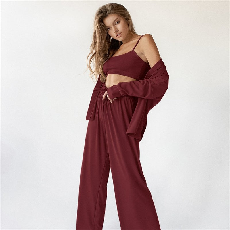 Three-Piece Cozy Home Ensemble - Tank Top, Lounge Pants, Long Robe