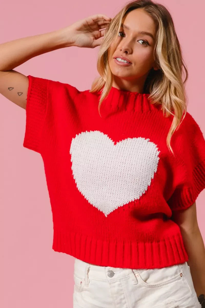Rib Banded Heart Pattern Valentines Sweater