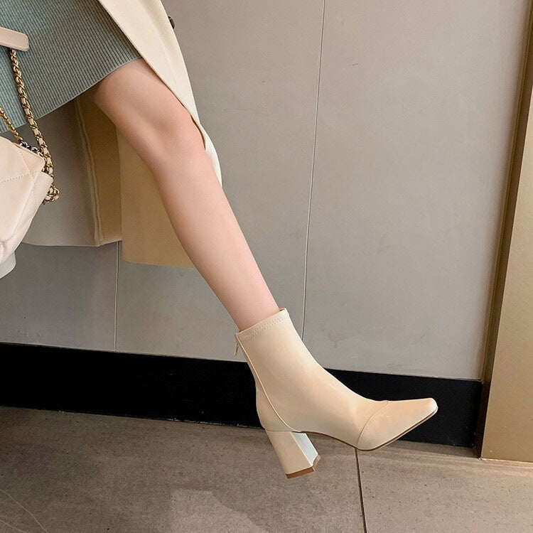Women's Square Toe Elastic High Heel Boots - Chunky Heel Ankle Boots
