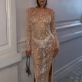 Diamond Dusk Beige Rhinestone Maxi Dress